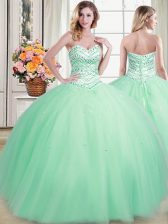 Spectacular Tulle Sweetheart Sleeveless Lace Up Beading Quinceanera Dresses in Apple Green