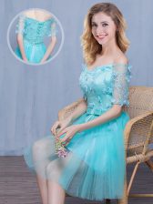 Stunning Aqua Blue Empire Off The Shoulder Short Sleeves Tulle Knee Length Lace Up Lace and Appliques and Bowknot Dama Dress