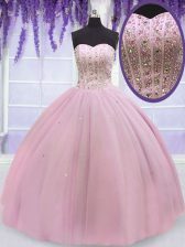 Custom Design Baby Pink Tulle Lace Up Sweetheart Sleeveless Floor Length Ball Gown Prom Dress Beading