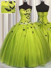 Dynamic Tulle Sweetheart Sleeveless Lace Up Beading and Appliques Quince Ball Gowns in Olive Green