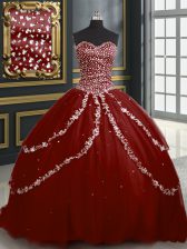  With Train Burgundy Quince Ball Gowns Tulle Brush Train Sleeveless Beading and Appliques