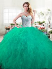 Elegant Sleeveless Floor Length Beading and Ruffles Lace Up Sweet 16 Quinceanera Dress with Green