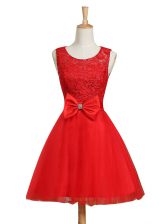 Fashionable Tulle Scoop Sleeveless Lace Up Lace and Bowknot Prom Evening Gown in Red