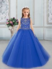 Top Selling Floor Length Royal Blue Little Girl Pageant Dress Bateau Sleeveless Lace Up