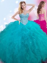 Enchanting Sleeveless Floor Length Beading Lace Up Vestidos de Quinceanera with Teal