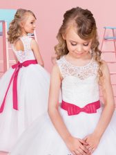 Glittering Scoop White Sleeveless Floor Length Lace and Bowknot Lace Up Flower Girl Dresses for Less