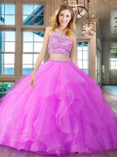 Best Fuchsia Quinceanera Gowns Military Ball and Sweet 16 and Quinceanera with Beading and Ruffles Scoop Sleeveless Brush Train Backless