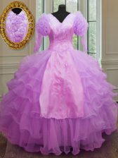 Ideal Lilac Zipper V-neck Ruffled Layers Quinceanera Dresses Organza Long Sleeves