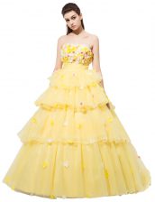  Yellow A-line Strapless Sleeveless Organza With Train Lace Up Ruffled Layers and Hand Made Flower Prom Evening Gown