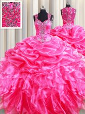  Straps Hot Pink Sleeveless Floor Length Beading and Ruffles and Pick Ups Zipper Vestidos de Quinceanera