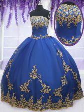 Fantastic Organza Strapless Sleeveless Zipper Appliques Sweet 16 Dress in Blue