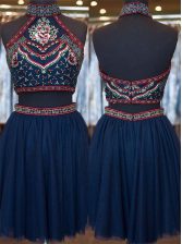 Designer Knee Length Navy Blue Prom Gown Organza Sleeveless Embroidery