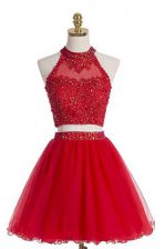  Red Halter Top Neckline Beading Prom Gown Sleeveless Zipper