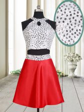  Halter Top White And Red Criss Cross Prom Evening Gown Beading Sleeveless Mini Length