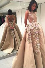 Extravagant Bateau Sleeveless Satin Prom Gown Lace and Appliques Backless