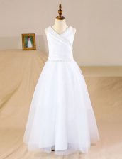 Designer White Tulle Zipper Toddler Flower Girl Dress Sleeveless Floor Length Beading