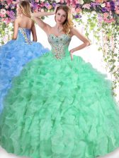 Fabulous Apple Green Ball Gowns Organza Sweetheart Sleeveless Beading and Ruffles Floor Length Lace Up Quinceanera Gowns