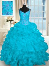  Sleeveless Organza Brush Train Lace Up Sweet 16 Dresses in Aqua Blue with Beading and Embroidery and Ruffles