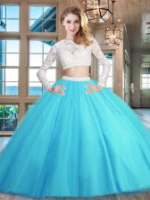 Hot Sale Scoop Baby Blue Long Sleeves Floor Length Beading and Lace Zipper 15 Quinceanera Dress