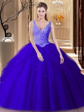 Fine Pick Ups Ball Gowns Quinceanera Gowns Royal Blue V-neck Tulle Sleeveless Floor Length Backless