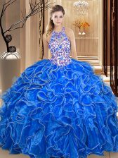 Elegant Floor Length Royal Blue 15th Birthday Dress Scoop Sleeveless Backless