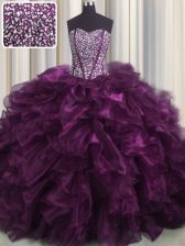  Visible Boning Dark Purple Sleeveless Organza Brush Train Lace Up Quinceanera Dress for Military Ball and Sweet 16 and Quinceanera