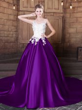  Scoop Purple Elastic Woven Satin Lace Up Sweet 16 Quinceanera Dress Sleeveless Court Train Lace and Appliques