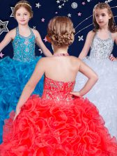  Halter Top Sleeveless Lace Up Floor Length Beading and Ruffles Child Pageant Dress