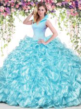 Hot Selling Aqua Blue Ball Gowns Beading and Ruffles Quinceanera Dress Backless Organza Sleeveless Floor Length