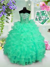 Customized Sleeveless Organza Floor Length Lace Up Pageant Gowns For Girls in Turquoise with Ruffled Layers and Sequins