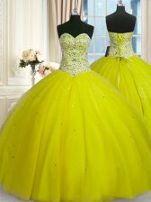  Floor Length Yellow Green Quince Ball Gowns Tulle Sleeveless Beading and Sequins