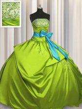  Beading and Ruching and Bowknot 15th Birthday Dress Olive Green Lace Up Sleeveless Floor Length
