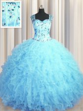  See Through Zipper Up Square Sleeveless 15th Birthday Dress Floor Length Beading and Ruffles Baby Blue Tulle