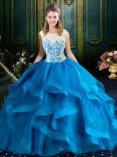  Scoop Blue Tulle Zipper Quinceanera Dress Sleeveless With Brush Train Lace