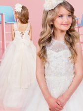 Spectacular White Ball Gowns Scoop Sleeveless Tulle With Brush Train Lace Up Appliques and Bowknot Flower Girl Dresses