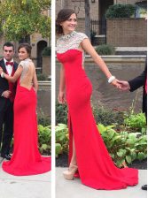 Colorful Cap Sleeves Beading Backless Prom Dresses with Coral Red Court Train