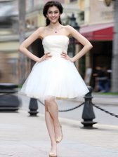 Fashionable A-line Evening Dress White Strapless Chiffon Sleeveless Knee Length Lace Up