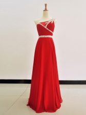 Custom Design Red One Shoulder Neckline Beading Prom Dresses Sleeveless Zipper