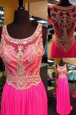  Scoop Sleeveless With Train Beading Side Zipper Prom Dress with Hot Pink Brush Train