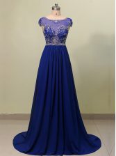 Affordable Scoop Cap Sleeves Brush Train Beading Zipper Prom Gown