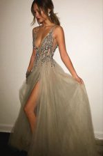 Artistic Sleeveless Beading Backless Dress for Prom with Champagne Sweep Train
