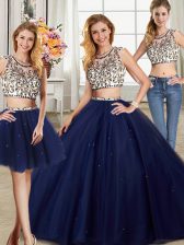  Three Piece Scoop Cap Sleeves Brush Train Backless 15 Quinceanera Dress Navy Blue Tulle