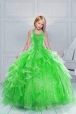  Halter Top Green Sleeveless Organza Lace Up Little Girls Pageant Dress Wholesale for Party and Wedding Party