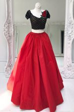  V-neck Short Sleeves Homecoming Dress Floor Length Beading and Ruffles Red Organza