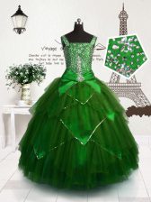 Dark Green Tulle Lace Up Straps Sleeveless Floor Length Little Girls Pageant Dress Wholesale Beading and Sashes ribbons