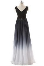 Custom Fit Sleeveless Floor Length Belt Lace Up Prom Gown with Black
