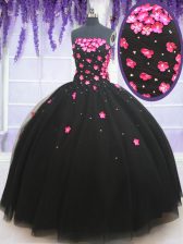 Fine Ball Gowns Quinceanera Gown Black Strapless Tulle Sleeveless Floor Length Lace Up
