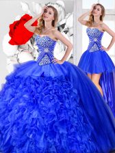  Three Piece Blue Sweetheart Lace Up Beading and Ruffles Ball Gown Prom Dress Sleeveless