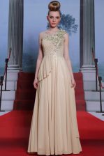  One Shoulder Sleeveless Floor Length Appliques and Ruching Side Zipper Homecoming Dress with Champagne