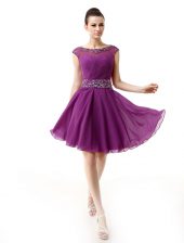 Inexpensive Scoop Mini Length Side Zipper Evening Dress Dark Purple for Prom with Beading and Ruffles